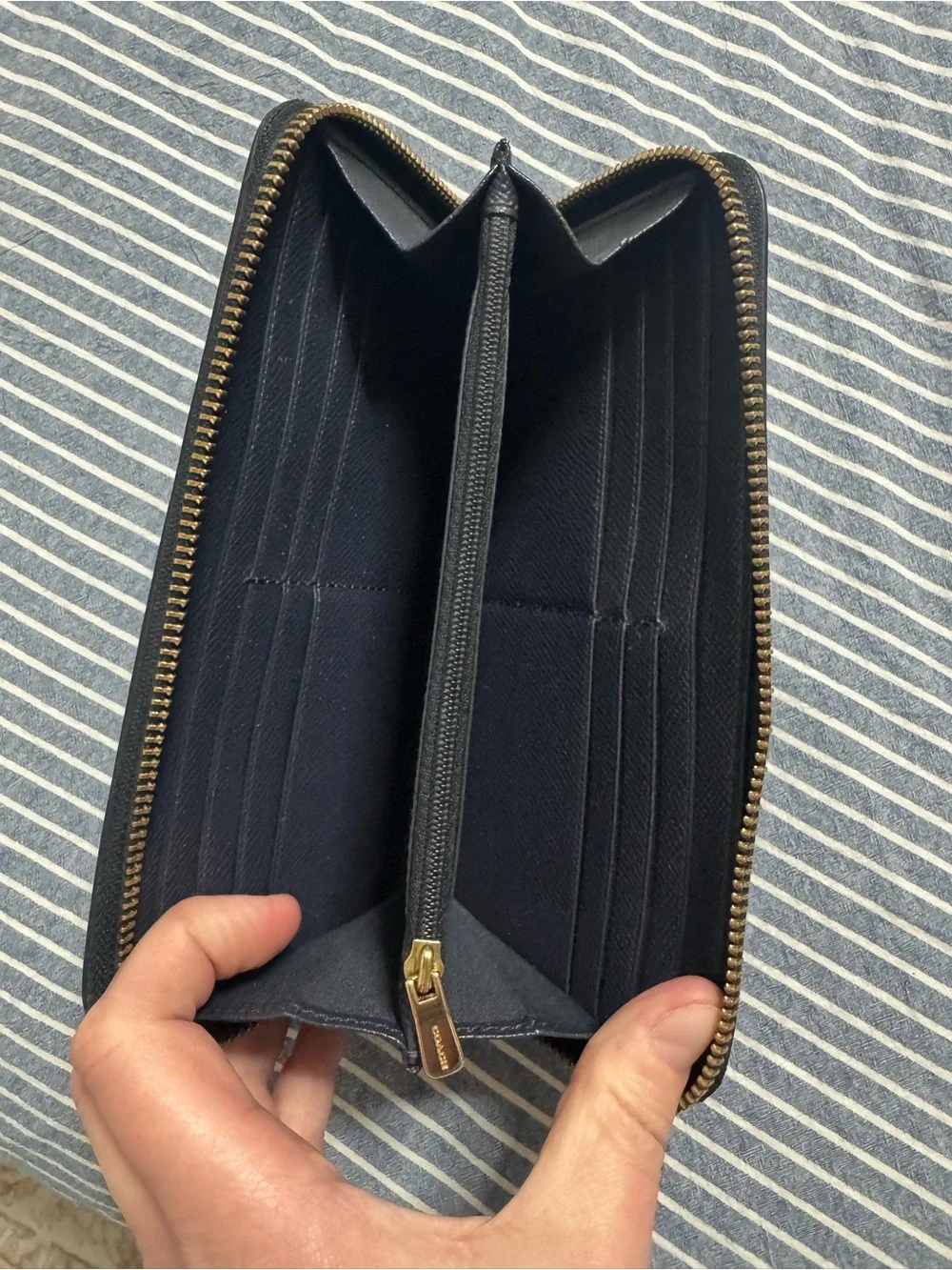 Coach Navy Blue Leather Zip-Around Wallet with Gold Logo - Picture 4 of 5